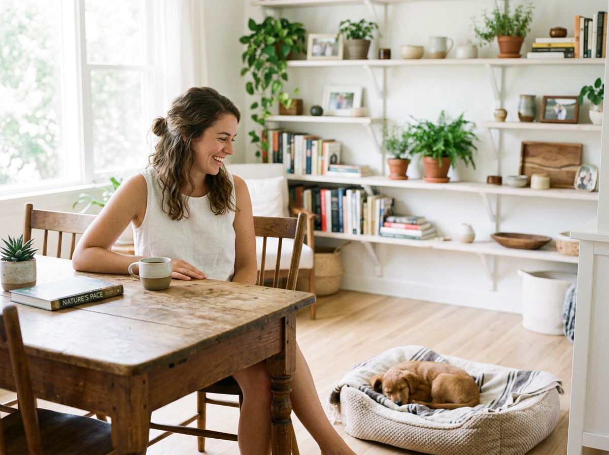 Une femme assise à une table en bois, un chiot endormi sur un coussin derrière elle