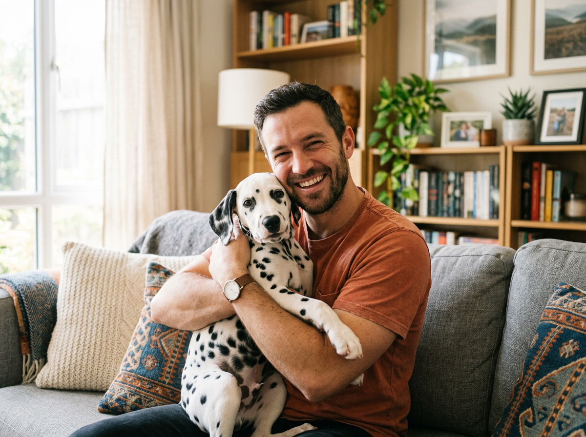 Un homme souriant serre dans ses bras un chiot dalmatien sur un canapé