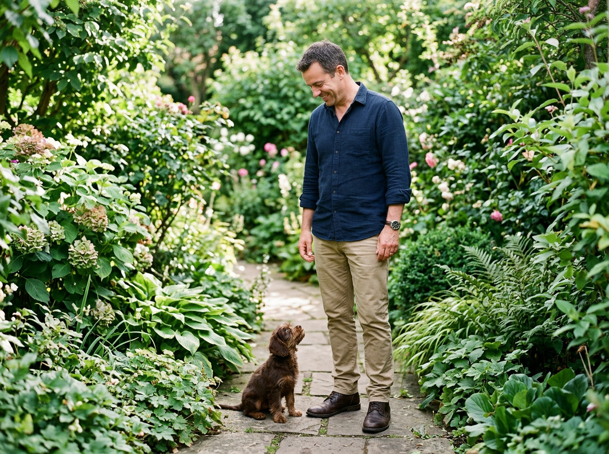 Un homme debout dans un jardin, un petit chiot assis à ses pieds qui le regarde