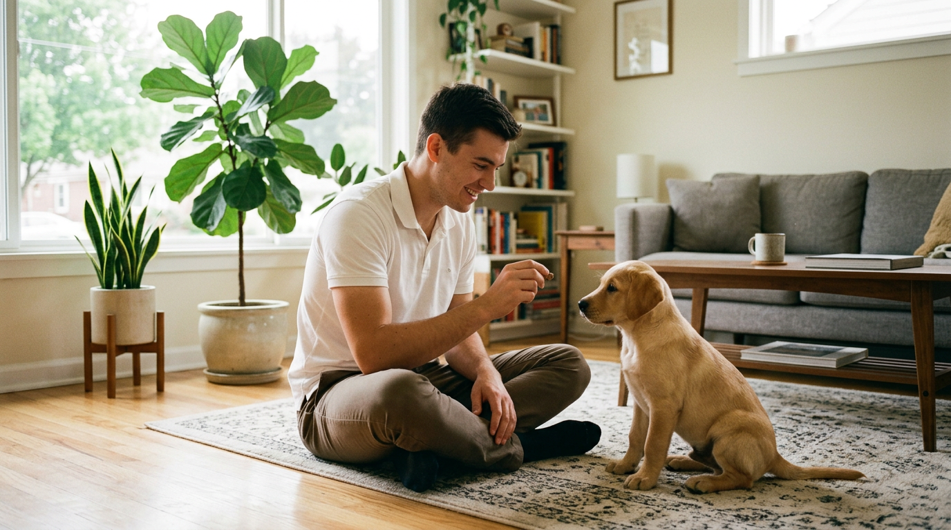 Un homme assis par terre dans un salon, une friandise à la main devant un chiot labrador