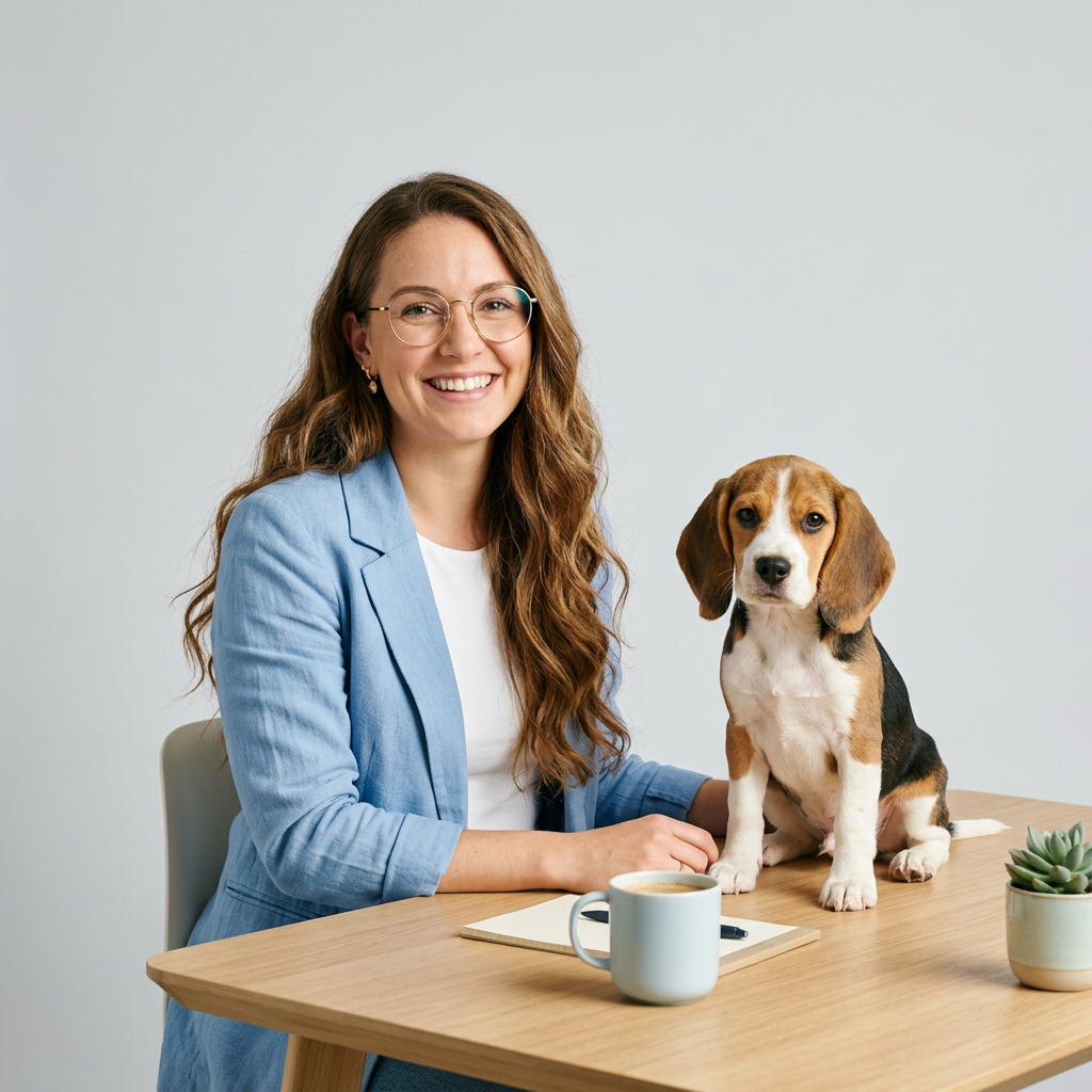 Une femme à lunettes assise à un bureau, un chiot beagle posé à côté d’elle